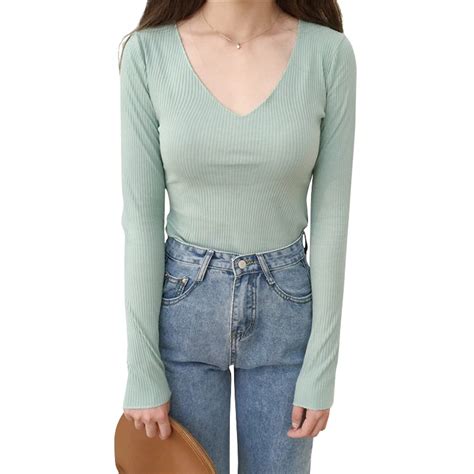 New Arrived Women V Neck Shirts Sex Long Sleeve T Shirt Solid Color Cotton Tops In T Shirts From
