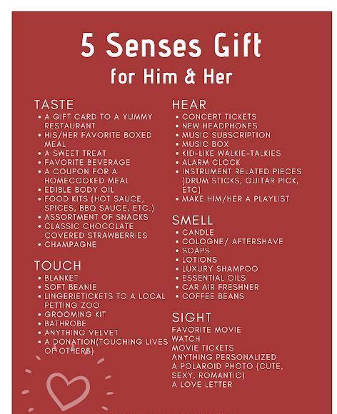 The 5 Senses Gift For Him And Her Is Shown In Red With White Lettering