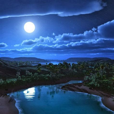 Blue Night Landscape Reflection Moon Photography Full Moon