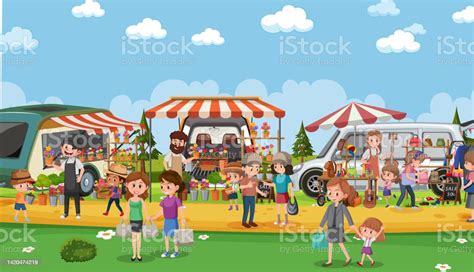 Flea Market Scene In Cartoon Style Stock Illustration Download Image