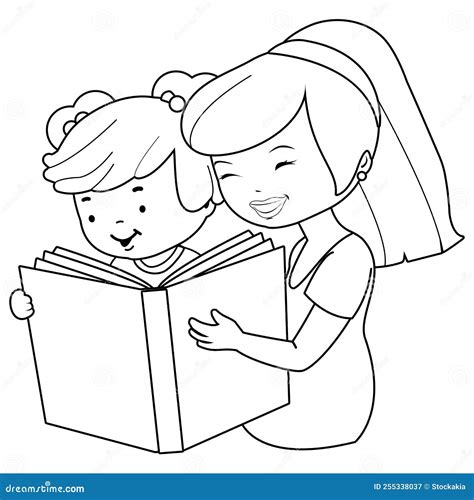 Mother And Child Reading A Book Vector Black And White Coloring Page