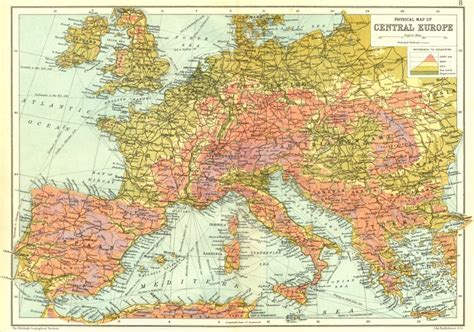 Europe Physical Map Of Central Europe Elevation Altitude 1909 Old