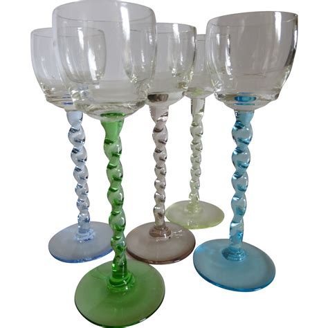 Vintage Cordial Liqueur Glasses W Colored Twisted Stems ~ Set Of 5 From Historique On Ruby Lane
