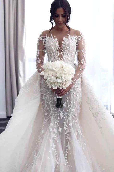 Off The Shoulder Deep V Neck Wedding Dress With Overskirt Long Sleeve Bridal