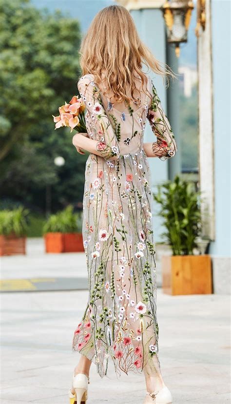 Sheer Mesh Floral Print Long Dress Trendy Finery Embroidered Mesh
