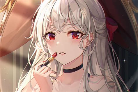 Anime Girl In White Dress With Gray Long Hair And Red Eyes Riding Red