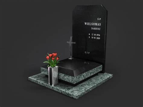 A Small Vase With Flowers In It Next To A Black Grave Marker And Red Tulips