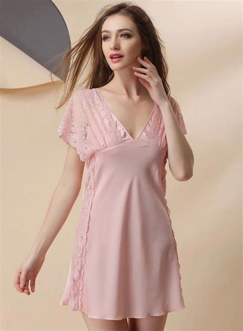 Lace Short Nightgowns Sleepwear Silk Nightgowns For Women V Neck Short Sleeve Lace