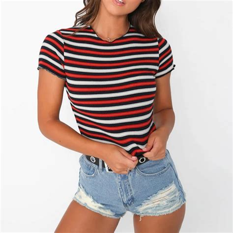 Women Girls Cotton Casual Round Neck Short Sleeve Hit Color Striped Short Slim Crop Top Tee T
