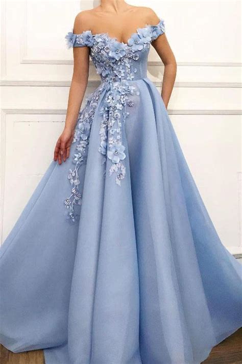 A Line Blue Off The Shoulder Tulle Lace Sweetheart 3d Flowers Prom Dressesformal Dress On Sale