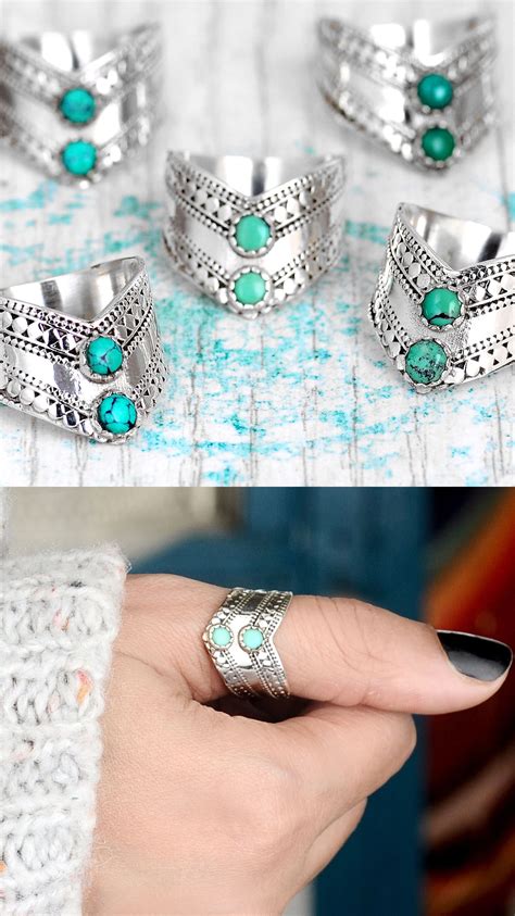Chevron Boho Ring With Green Turquoise Sterling Silver Turquoise Ring