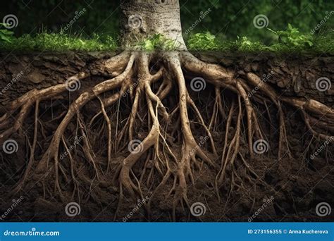 Root System Of A Tree Growing Underground Soil Cross Section