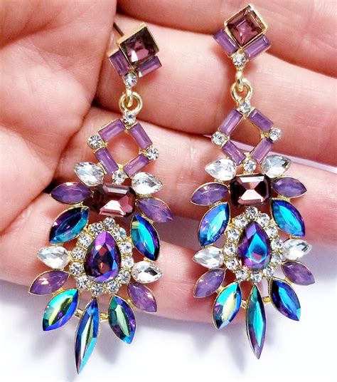 Rhinestone Drop Earrings Crystal Chandelier Earrings Purple Etsy