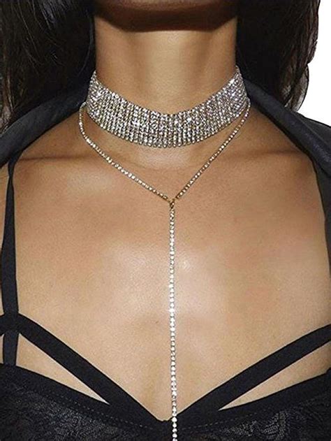 Glamaker Women S Wide Thick Diamond Neck Rhinestone Choker Necklace With Pendant  Statement