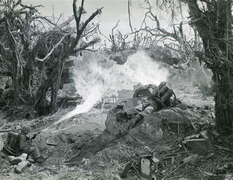 A Marine Flamethrower Crew Hits A Japanese Position On Iwo Jima