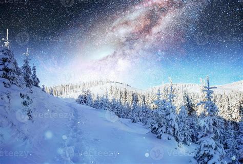 Starry Sky In Winter Snowy Night Fantastic Milky Way In The New