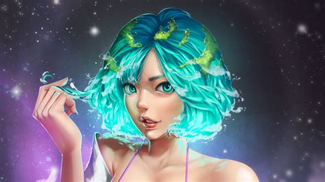 Download 1920x1080 Wallpaper Blue Short Hair Anime Girl Digital Art