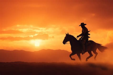 Premium Photo Cowboy Riding A Horse Into A Sunset Silhouette