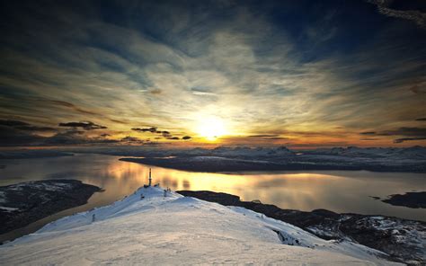 Landscape Sunset Clouds Lake Mountains Snow Winter Reflection