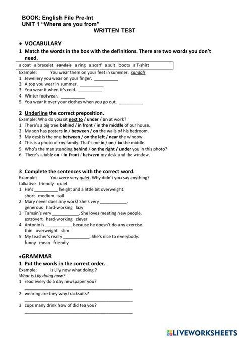 English File Pre Intermediate Test Unit 1 Worksheet Live Worksheets