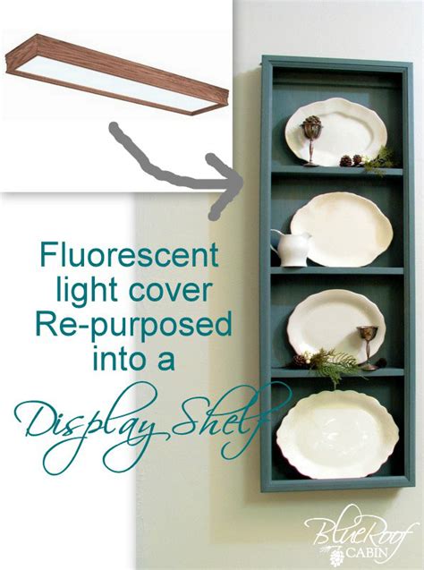 Fluorescent light already has too much blue in it so don't use any lens covers with blue in them. blue roof cabin: Oak Fluorescent Light Cover Re-Purposed into a Shelf
