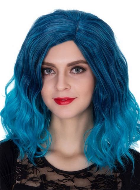 Blue Medium Wavy Capless Synthetic Hair Cosplay Wig 14 Inches Parting Hair Side Part