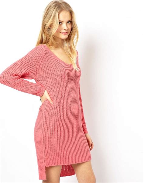 Pink Long Sleeve Knit Sweater Dress High Low Sweater Dress Sweater