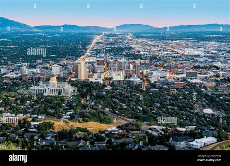 Salt Lake City Downtown Landmarks Illuminated Dusk Panorama Utah Usa