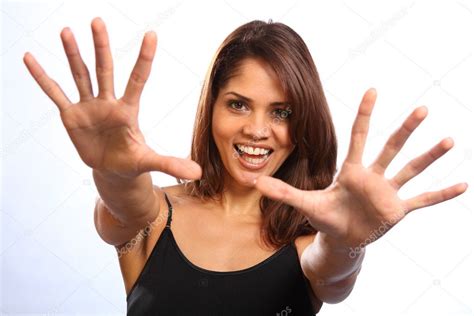 Beautiful Woman Hands Out Big Smile Stock Photo Darrinahenry