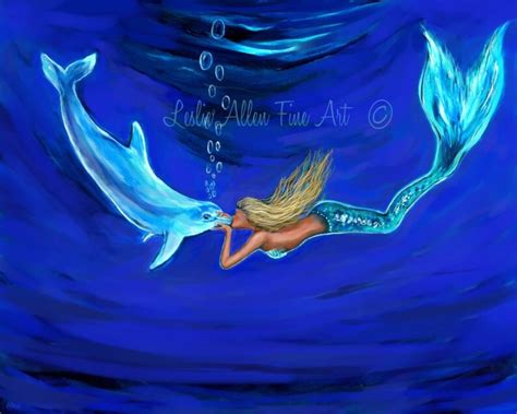 Mermaid Mermaids Art Print Giclee Woman Girl Dolphin Art Etsy