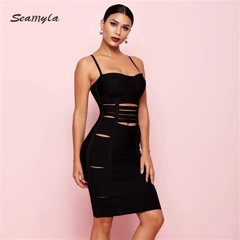 Seamyla Summer Bandage Dress Black Red Night Club Evening Party Dresses New Arrival Cut Out