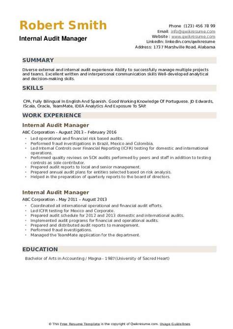 Internal audit is a role that requires attention to detail and expertise in the function that you are. Internal Audit Manager Resume Samples | QwikResume