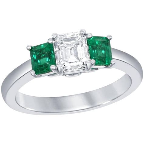 Gia Certified Asscher Cut Diamond Emerald Three Stone Engagement Ring