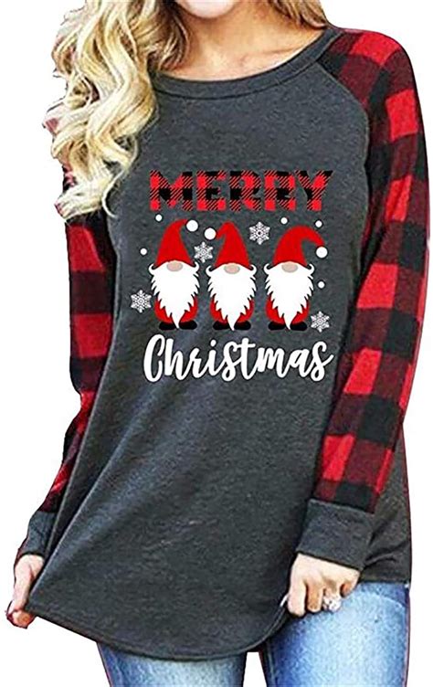 Buy Merry Christmas Plaid Raglan Shirt Women Xmas Gnomies Snowflower