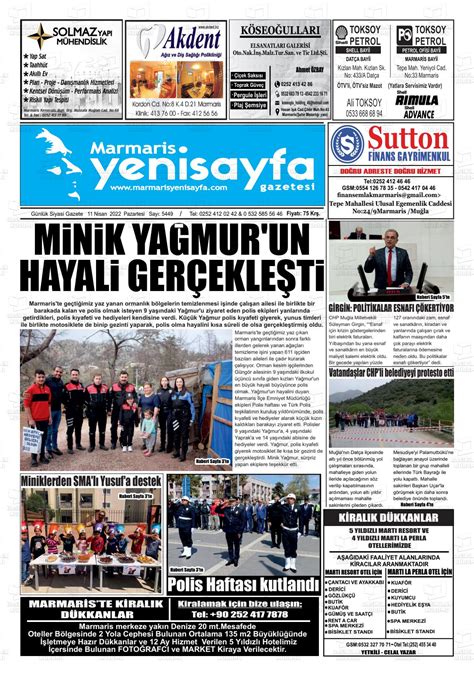 11 Nisan 2022 tarihli Marmaris Yeni Sayfa Gazete Manşetleri