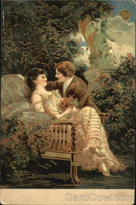 Two Lovers Sitting In A Garden Being Watched Over By A Statue Of Cupid