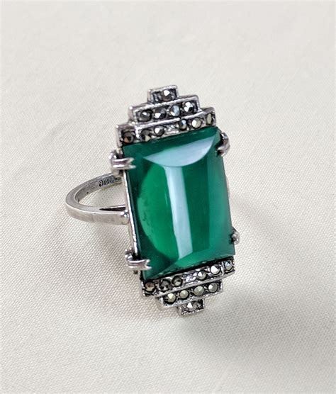 Art Deco Chrysoprase Marcasite Sterling Ring Size Us By