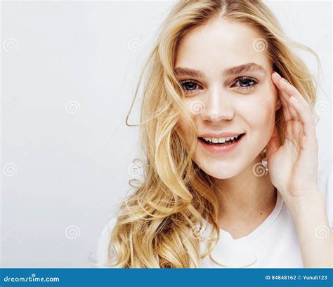 Young Pretty Blond Teenage Girl Emotional Posing Happy Smiling