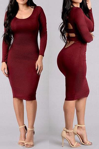 Sexy U Neck Long Sleeve Back Hollow Out Red Spandex Sheath Knee Length