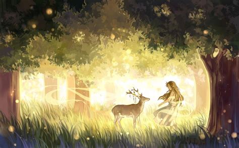 Anime Girl With Deer In Forest Pretty Anime Style Pics