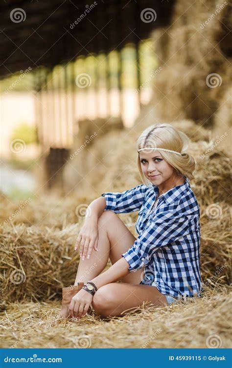Blonde Woman Resting On Hay In Rural Areas Stock Image Image Of