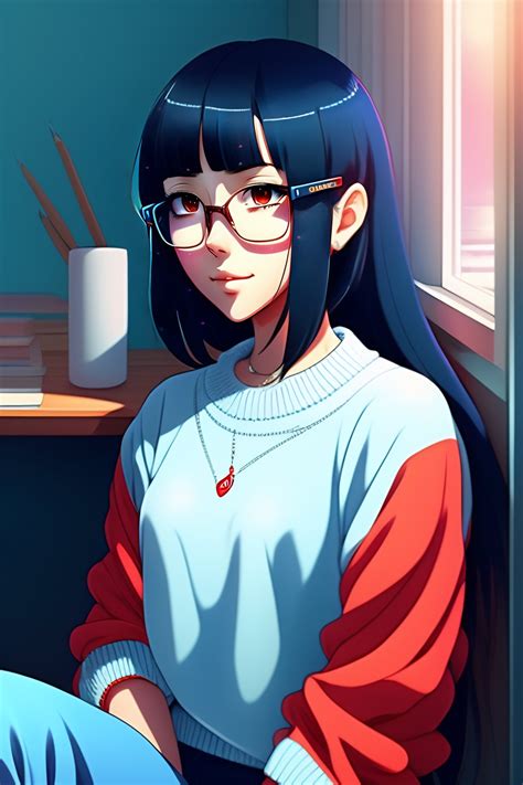 Lexica Cute Girl In Blue Sweater Black Hair Semi Rimless Red Glasses
