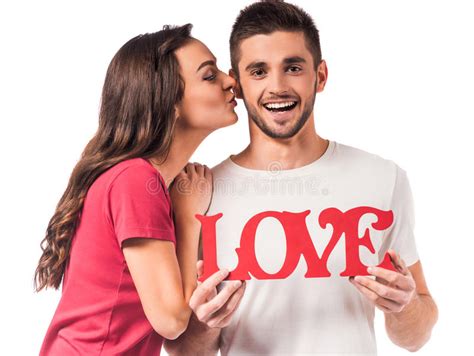 393 Happy Couple Kissing Holding Red Valentine Heart Stock Photos