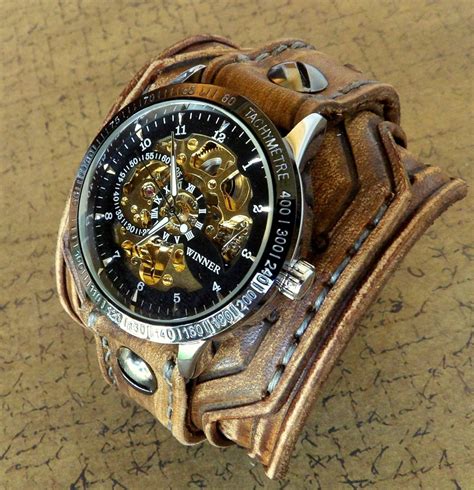 Steampunk Leather Wrist Watch Rustic Mens Watch Skeleton