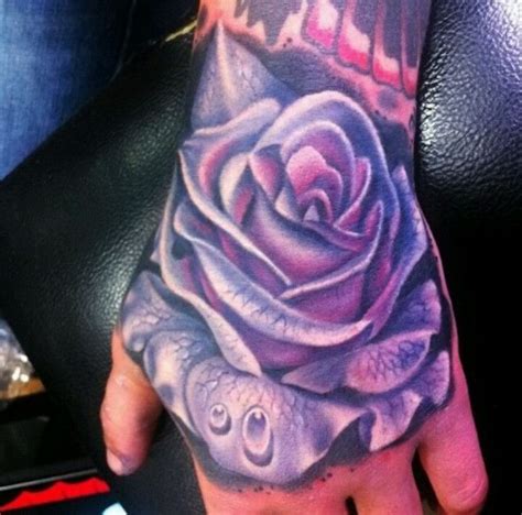 Purple Rose With Dew Drops Tattoo On Hand Tattooimagesbiz