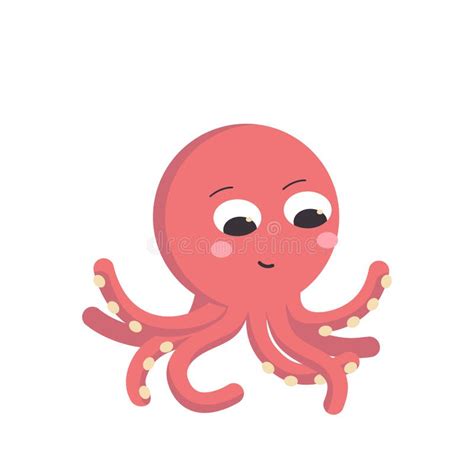 Cartoon Minimalistic Character Red Octopus Smiling With Outstretched