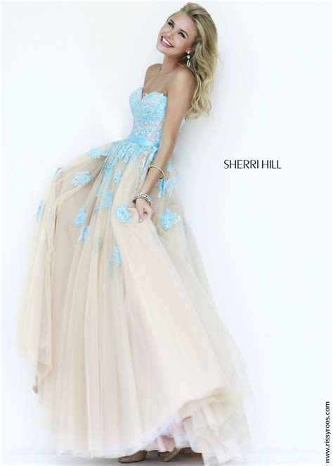 Sherri Hill Elegant Lace Ball Gown In Light Blue And Nude Tulle