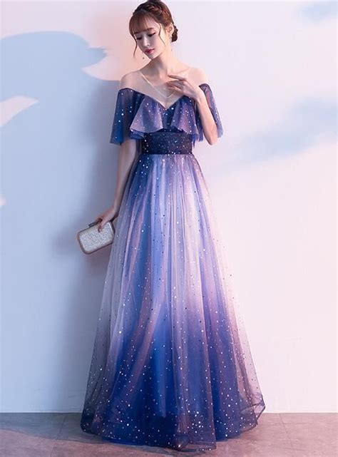 Beautiful Blue Tulle Gradient Long Bridesmaid Dress Wedding Party