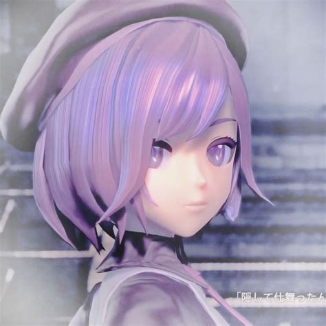 An Anime Character With Purple Hair And Big Eyes Looking At The Camera While Wearing A Hat