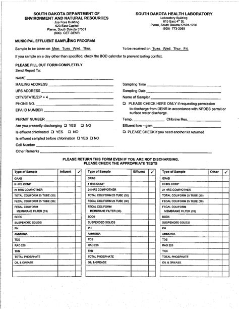 South Dakota Lab Sample Checklist Municipal Effluent Sampling Program